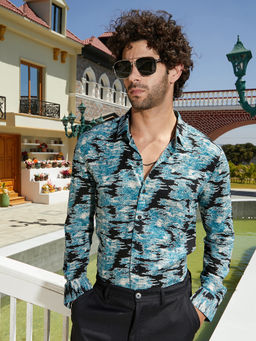 Campus Sutra - Men Sky Blue & Midnight Black Contrast-Scuff Shirt