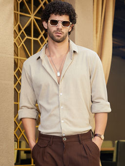 Campus Sutra - Men Khaki Brown Burlap Textured-Tactile Shirt