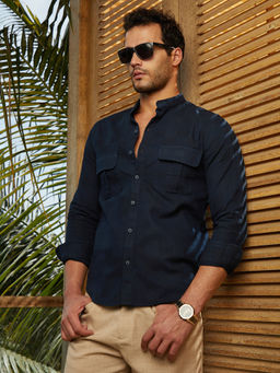 Campus Sutra - Men Navy Blue Mandarin Utility Shirt