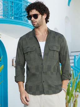 Campus Sutra - Men Army Green Mandarin Utility Shirt