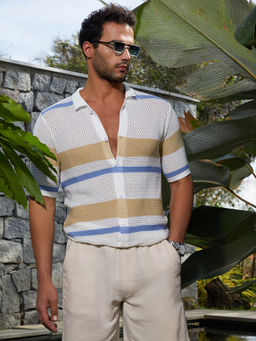 Campus Sutra - Men Buff Beige & Daisy White Panel-Knit Relaxed Shirt