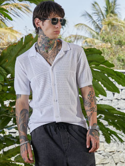 Campus Sutra - Men Chalk White Grid Open-Knit Shirt