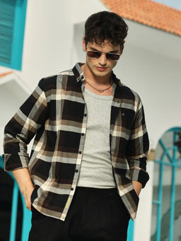 Campus Sutra - Men Onyx Black & Saltbox Beige Pixelated-Checks Relaxed Shirt