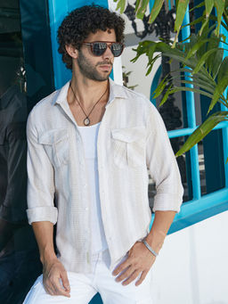 Campus Sutra - Men Buff Cream & White Nomad-Stripes Utility Shirt