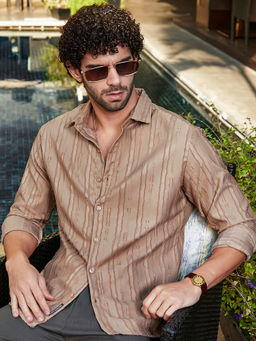 Campus Sutra - Men Camel Beige Ripple-Edge Shirt