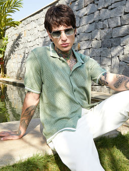 Campus Sutra - Men Olive Green Logenze Open-Knit Shirt