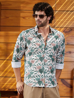 Campus Sutra - Men Forest Green & Off-White Foliage-Impressions Shirt