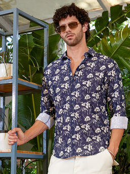 Campus Sutra - Men Navy Blue Floret-Impression Shirt