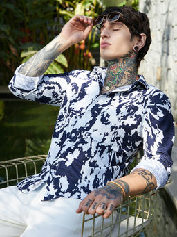 Campus Sutra - Men Indigo Blue & Chalk White Splash-Tactile Shirt
