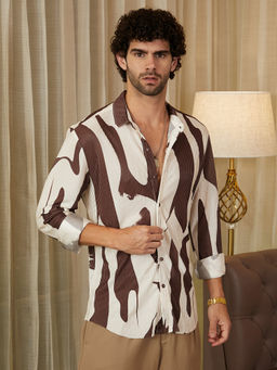 Campus Sutra - Men Chocolate Brown & Daisy White Contour-Lines Pleated Shirt