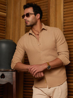 Campus Sutra - Men Sand Beige Weave-Tactile Shirt