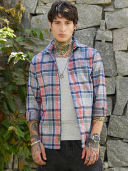 Campus Sutra - Men Icy Blue & Brick Red Ribbed-Plaid Relaxed Shirt