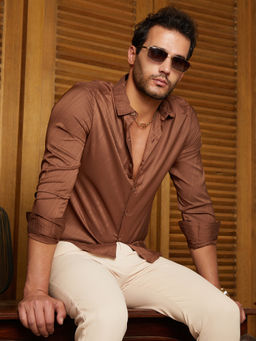 Campus Sutra - Men Chocolate Brown Brushed-Tactile Shirt