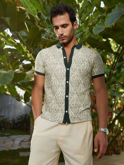 Campus Sutra - Men Off White & Sacramento Green Geometrix-Knit Polo Shirt