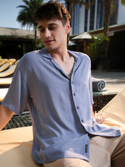 Campus Sutra - Men Icy Blue Creased Cuban Oversized Shirt