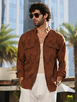 Campus Sutra - Men Russet Brown Mandarin Utility Shirt