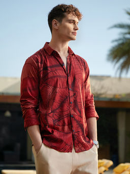 Campus Sutra - Men Burnt Sienna Foliage-Outline Red Shirt