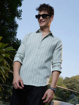 Campus Sutra - Men Coin Green Unbalanced-Pinstripe Shirt