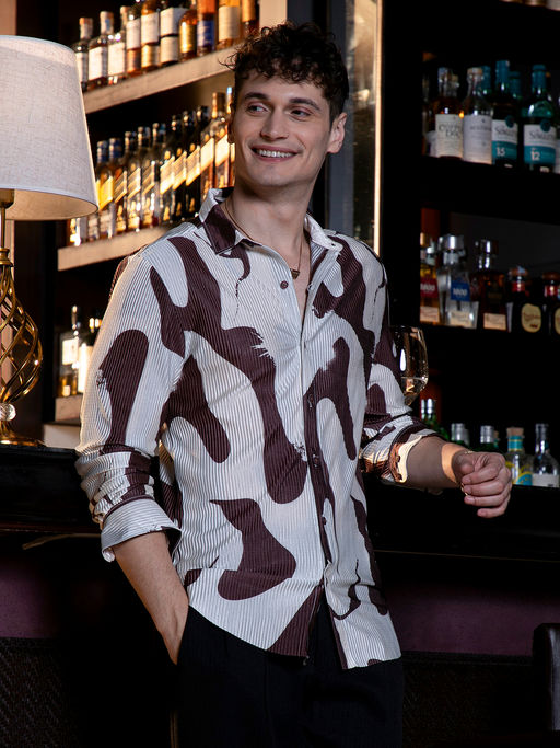 CAHOOT Men Chocolate Brown & Daisy White Contour-Lines Pleated Shirt