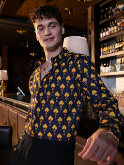 Campus Sutra - Men Obsidian Black & Sunflower Yellow Indie Block-Print Shirt