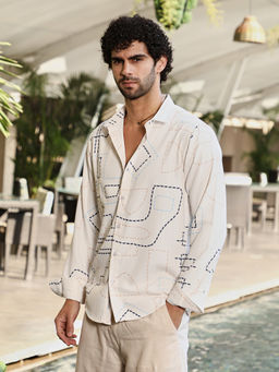 Campus Sutra - Men Off White & Navy Blue Thread-Lines Shirt