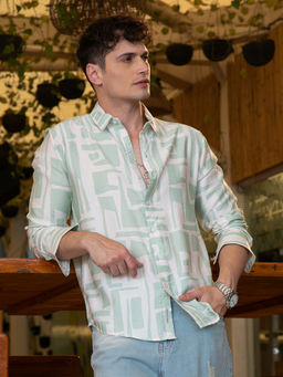 Campus Sutra - Men Mint Green & Daisy White Abstract-Deco Regular Shirt