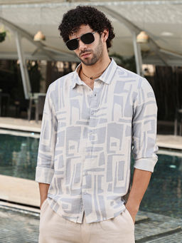 Campus Sutra - Men Coin Grey & Daisy White Abstract-Deco Regular Shirt