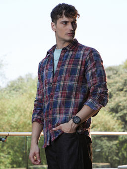 Campus Sutra - Men Indigo Blue & Sangria Red Dark-Plaid Relaxed Shirt