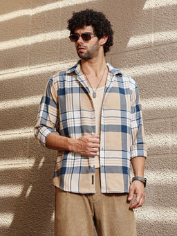 Campus Sutra - Men Buff Beige & Indigo Blue Maxi-Plaid Relaxed Shirt