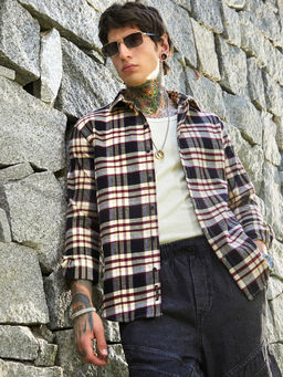 Campus Sutra - Men Midnight Black & Buff Beige Dark-Plaid Relaxed Shirt