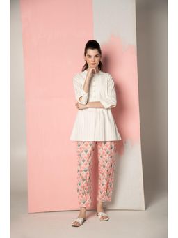 EKOHUM - White Dobby Short Kurta Co-Ord (Set of 2)