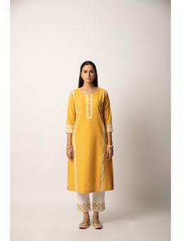 EKOHUM - Mustard Aari Embroidered Kurta With Pant (Set of 2)