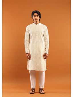 House of Chikankari - Cotton Embroidered With Sequins Solid Men's Long Kurta- Cream