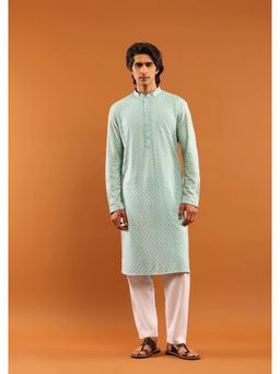 House of Chikankari - Rayon Embroidered With Sequins Solid Men's Long Kurta- Aqua Blue