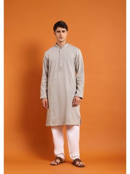 House of Chikankari - Rayon Embroidered With Sequins Solid Men's Long Kurta- Light Grey