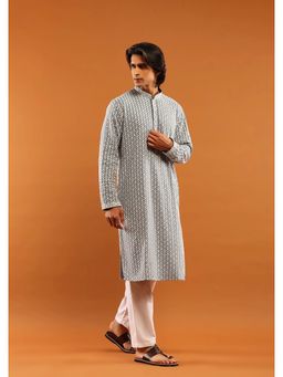 House of Chikankari - Rayon Embroidered With Sequins Solid Men's Long Kurta- Grey