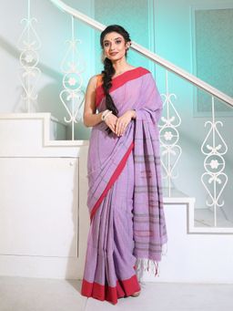 CHARUKRITI - Lavender Cotton Saree with Stripes Pattern and Texture Motifs with Unstitched Blouse