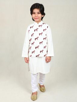 Little Clothings - Boys Ivory Mandarin Neck Kurta with Chudidar and Nehru Jacket