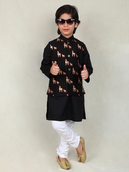 Little Clothings - Boys Black Mandarin Neck Kurta with Chudidar and Nehru Jacket
