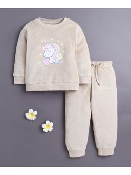 Bumzee - Girls Beige Round Neck Sweatshirt with Jogger