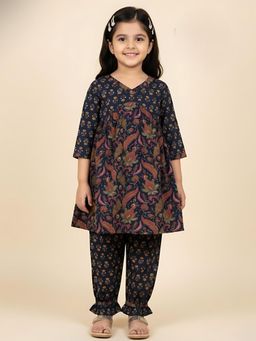 Maaesa - Girls Brown V-Neck kurta with Pant