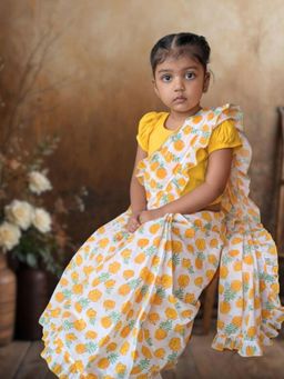 Tura Turi - Girls Orange Round Neck Saree with Blouse
