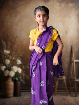 Tura Turi - Girls Purple Round Neck Saree with Blouse