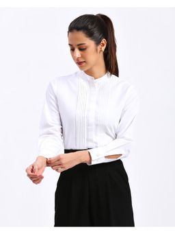 FITHUB - Womens White Chinese Collar Relaxed Fit Polycotton Solid Shirt