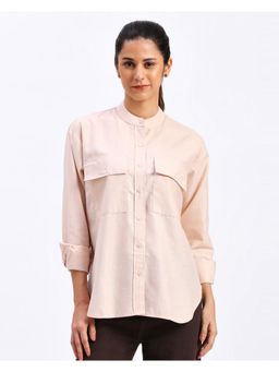 FITHUB - Womens Beige Oversized Cotton Chinese Collar Shirt