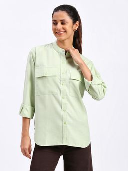 FITHUB - Womens Green Oversized Cotton Chinese Collar Shirt