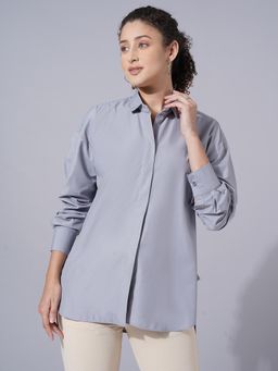 FITHUB - Women Grey Collar Long Sleeves Oversized Casual Shirt