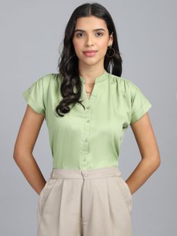 FITHUB - Women Green Regular Fit Solid Mandarin Collar Half Sleeve Formal Shirt