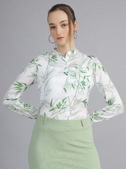 FITHUB - Womens White Floral Printed Mandarin Collar Regular Fit Formal Shirt