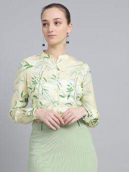 FITHUB - Womens Yellow Floral Printed Mandarin Collar Regular Fit Formal Shirt